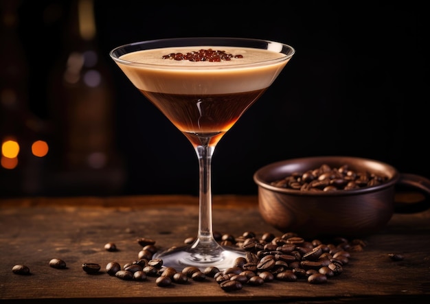 Un Espresso Martini guarnito con tre chicchi di caffè su una barra di legno scuro