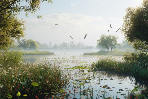 Un estuario tranquillo pieno di uccelli