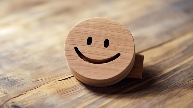 Un'etichetta a blocchi di legno con un sorriso felice che rilassa il viso con un buon feedback da parte del cliente Giornata mondiale della salute mentale