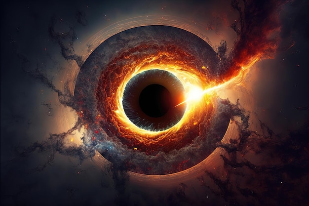 Un evento esplosivo nello spazio, forse una supernova o un buco nero con una fonte luminosa e intensa di luce al centro e circondato dall'oscurità generato dall'IA