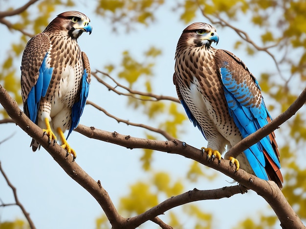 Un falco con la testa rossa e le piume blu siede su un ramo ai generato