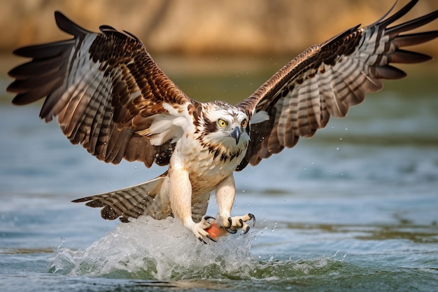 Un falco pescatore con un pesce tra gli artigli