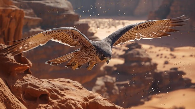 Un falco vola sopra le dune sullo sfondo del deserto