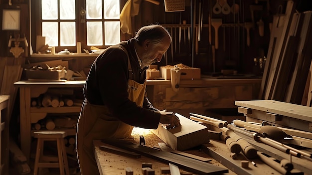 Un falegname al lavoro nel suo laboratorio indossa un grembiule e usa una sega a mano per tagliare un pezzo di legno Il laboratorio è pieno di strumenti e segatura