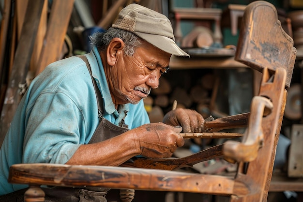 Un falegname che ripara una sedia di legno che illustra le abilità di lavorazione del legno