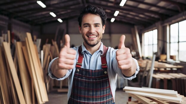 Un falegname felice e sorridente con il materiale in legno e il pollice in alto nel suo laboratorio di falegnameria