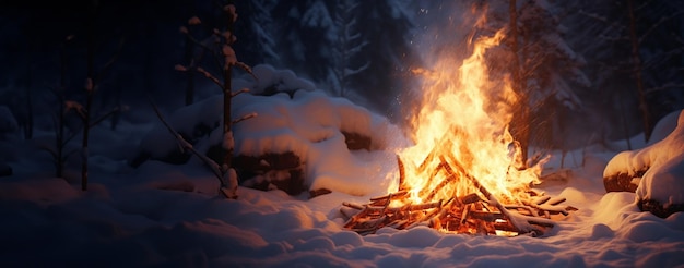 Un falò con il fuoco nella foresta gelida d'inverno