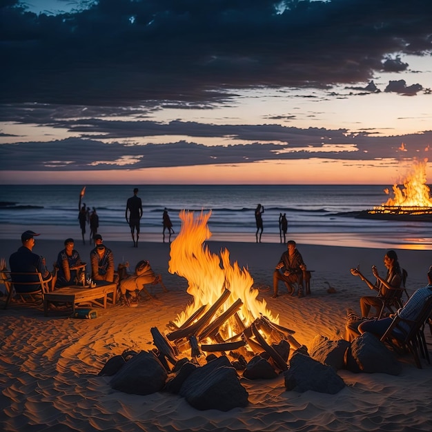 un falò sulla spiaggia con vista al tramonto