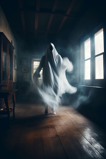 Un fantasma cammina in una stanza buia con una finestra che dice "il fantasma".