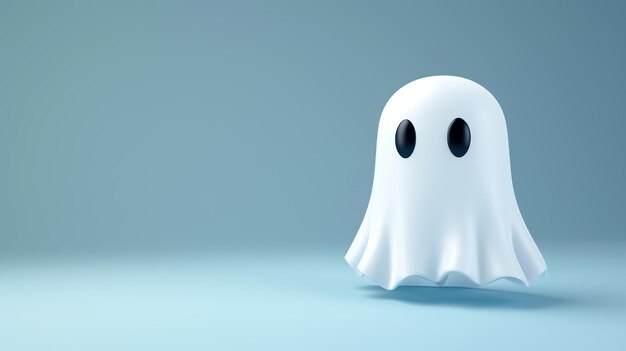 Un fantasma carino e amichevole galleggia nell'aria ha grandi occhi neri e un sorriso amichevole il fantasma è circondato da una dolce luce bianca