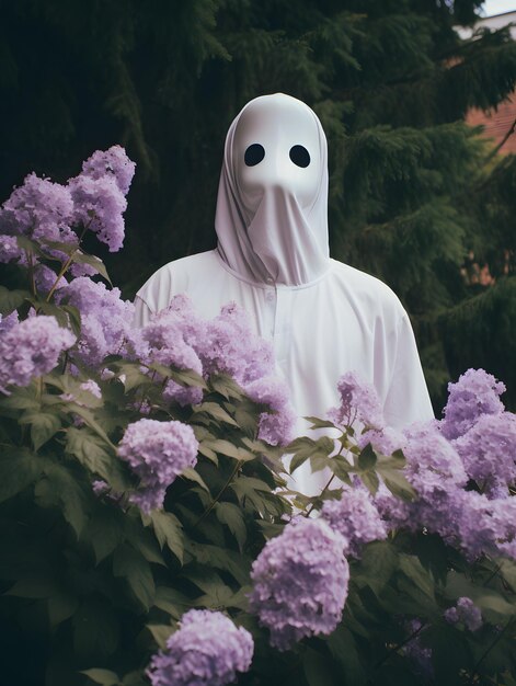un fantasma con una maschera in piedi accanto ai fiori