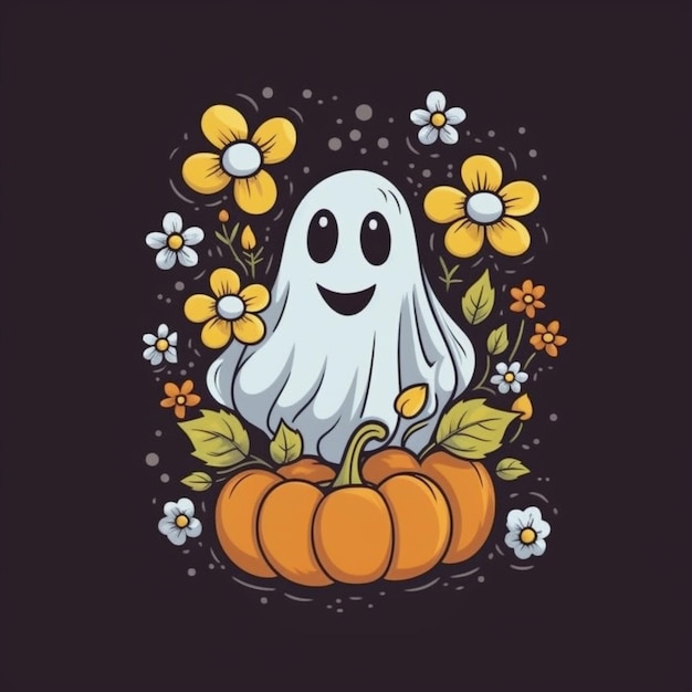 un fantasma dei cartoni animati con una zucca e dei fiori generativo ai