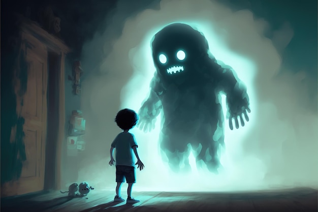 Un fantasma gigante è emerso da un'altra dimensione e ha raggiunto il bambino in stile arte digitale illustrazione pittura concetto fantasy di un fantasma fantasy