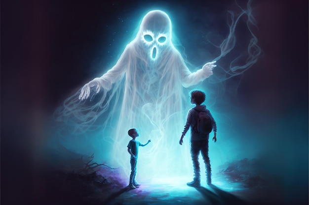 Un fantasma gigante è emerso da un'altra dimensione e ha raggiunto il concetto di fantasia dell'illustrazione di stile di arte digitale del bambino dipinto di un bambino con il fantasma