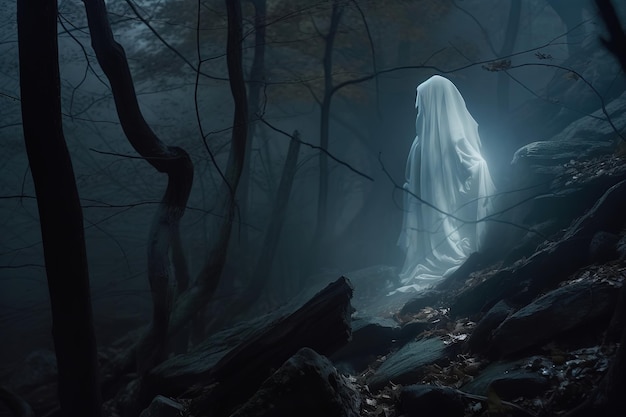 Un fantasma in una foresta oscura con foglie sul terreno