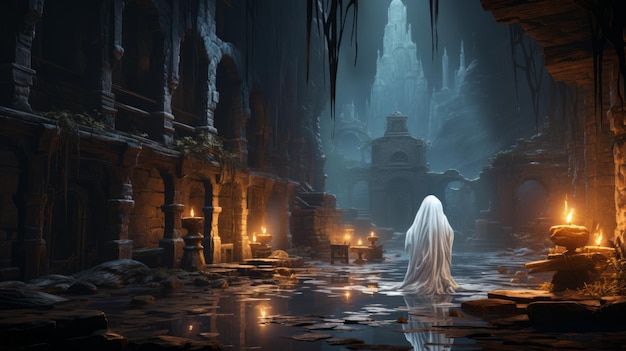 Un fantasma in una zona inondata con candele