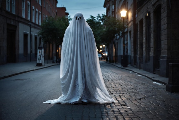 Un fantasma inquietante un uomo coperto da un lenzuolo bianco per strada la sera