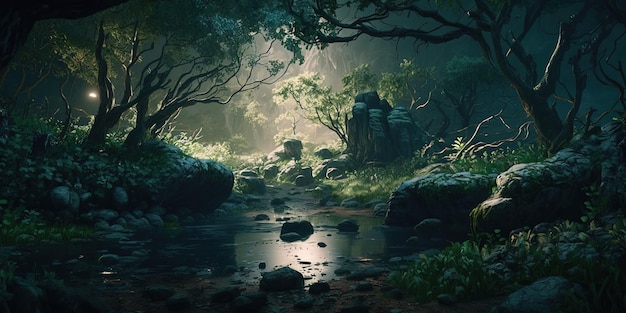 Un fantastico paesaggio mistico della gola degli elfi Alberi di montagne cupe e un ruscello Un luogo magico nel mezzo della foresta illuminato da lanterne magiche lucciole AI generato