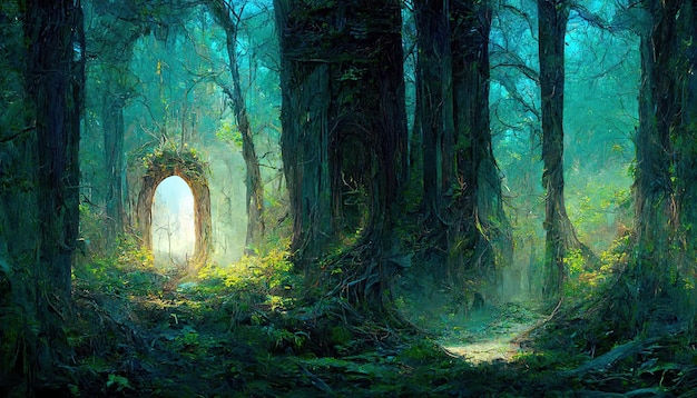 Un fantastico portale magico nella foresta Foresta luminosa pittoresca colorata Il portale rotondo si teletrasporta in altri mondi Illustrazione 3d di paesaggi fantastici