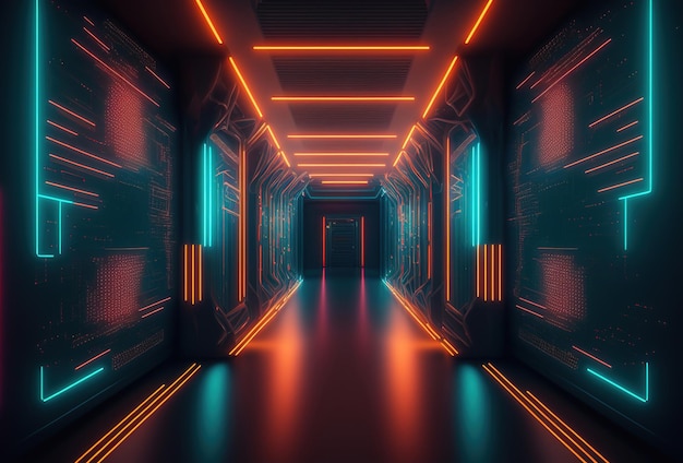 Un fantastico tunnel al neon il corridoio di un'astronave Immersione nella realtà virtuale intelligenza artificiale Sfondo astratto scuro con bagliore multicolore Rendering 3D AI generato