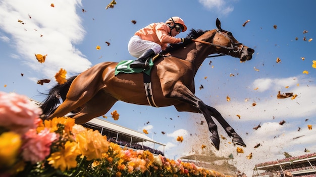 un fantino a cavallo salta sopra un mucchio di fiori.