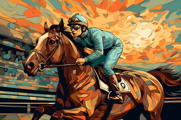 Un fantino su un cavallo con un cartello che dice "corsa".