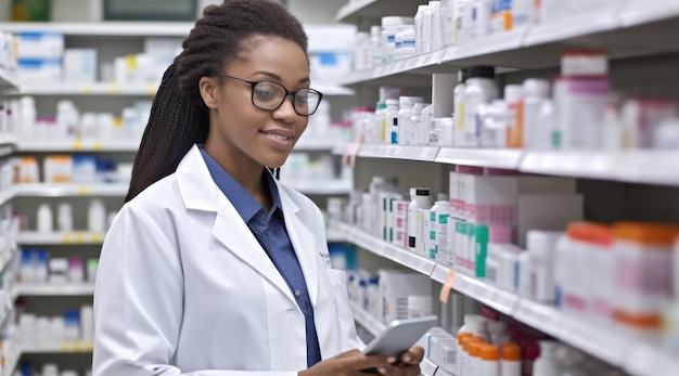 Un farmacista in una farmacia con una compressa in mano.