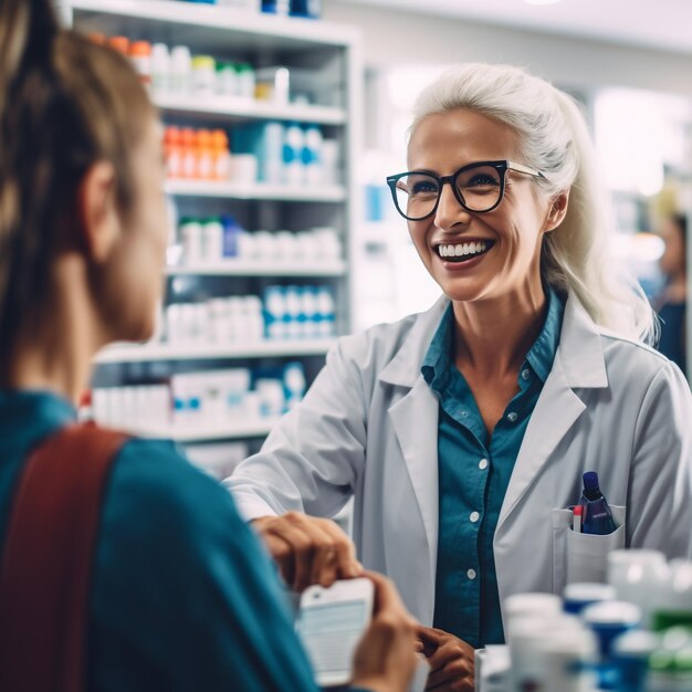 Un farmacista sorride mentre parla con un cliente.