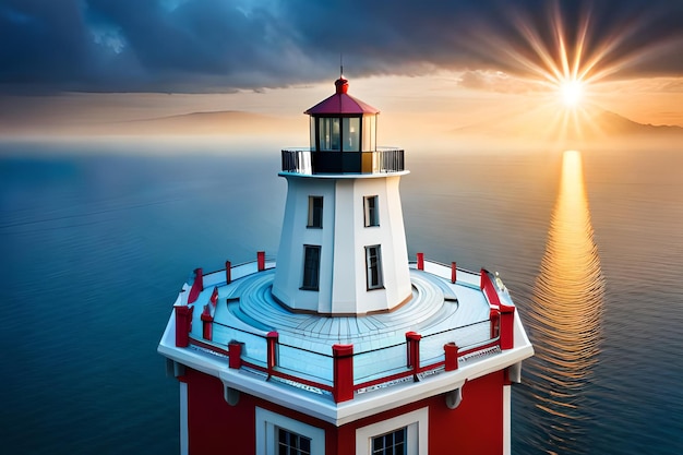 Un faro con il sole che tramonta dietro di esso