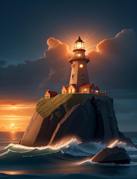un faro di ferro isolato che illumina il mare di notte mentre si trova su un'isola rocciosa di pietra