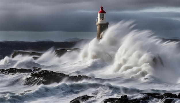 un faro è circondato da onde e l'oceano si sta rompendo