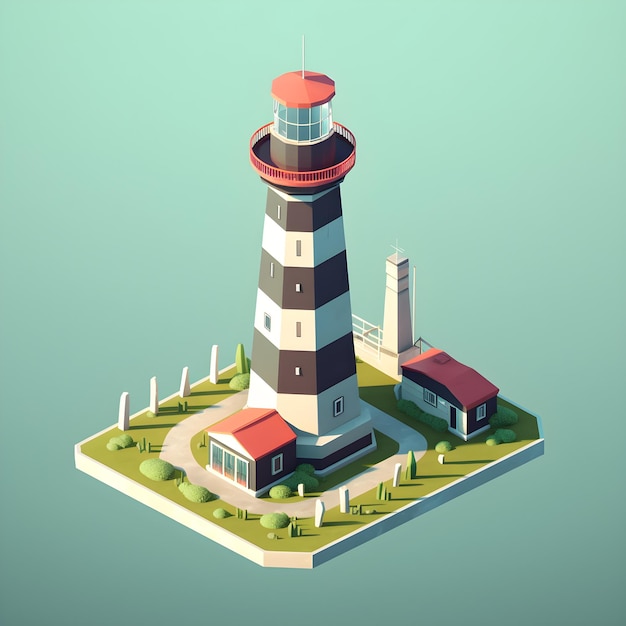 Un faro in stile low poly con una piccola isola nel mezzo