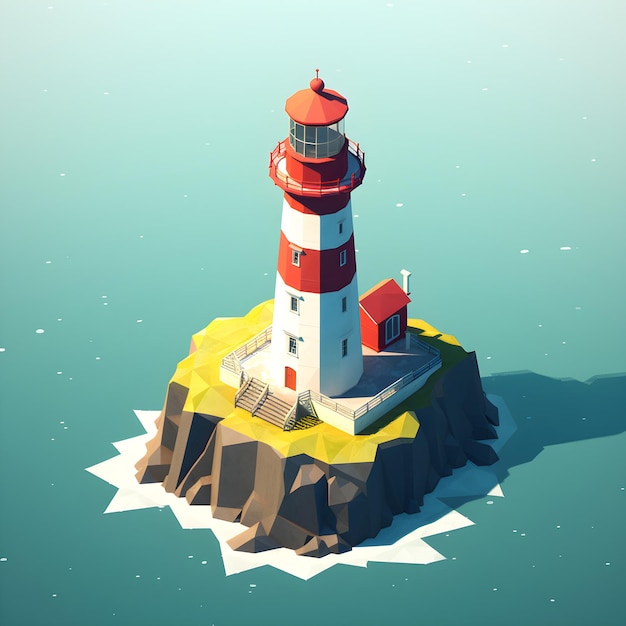 Un faro in stile low poly con una piccola isola nel mezzo