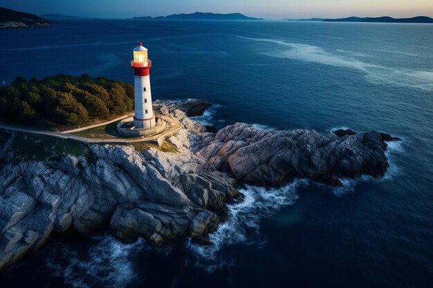 un faro si trova su un'isola rocciosa con vista sull'oceano