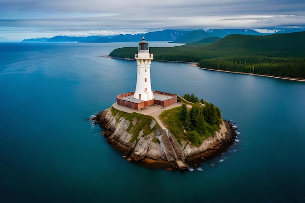 Un faro si trova su un'isola rocciosa nel mezzo dell'oceano.