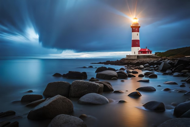 Un faro su una costa rocciosa con un cielo nuvoloso sullo sfondo