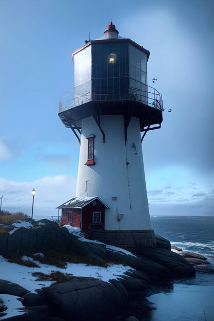 Un faro su una scogliera rocciosa con la neve sul terreno e una piccola casa rossa in primo piano.