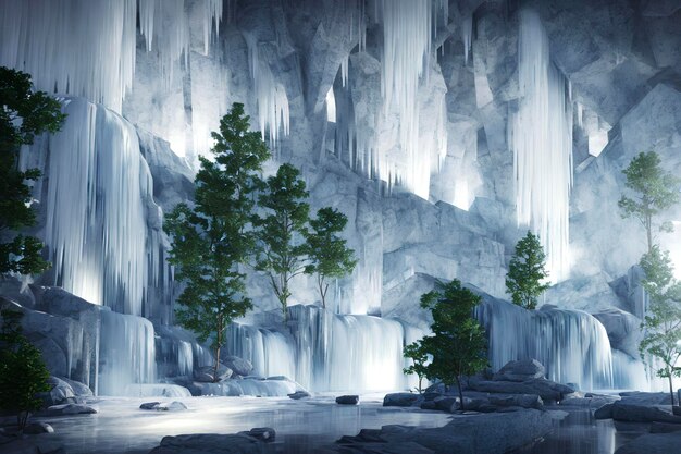 Un favoloso paesaggio innevato, alberi ghiacciati e neve.