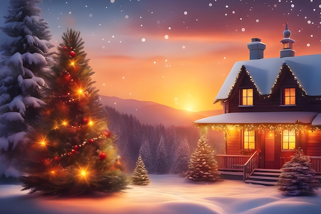 un favoloso paesaggio invernale una casa accogliente nella foresta e un albero di Natale decorato