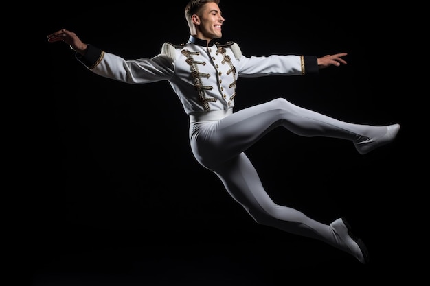 Un felice ballerino di balletto che salta sullo sfondo nero