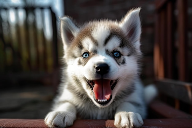 Un felice cucciolo di Siberian Husky con grandi occhi e bocca aperta