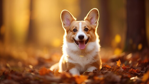 Un felice cucciolo di Welsh Corgi corre attraverso l'erba e il fogliame autunnale nel parco al tramonto