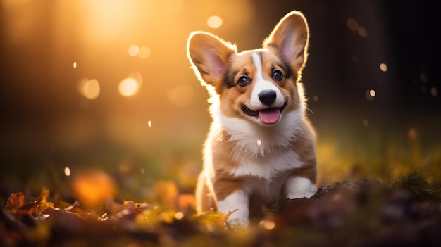 Un felice cucciolo di Welsh Corgi corre attraverso l'erba e il fogliame autunnale nel parco al tramonto