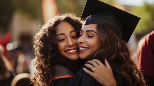 Un felice laureato sorridente abbraccia i suoi genitori dopo la cerimonia di laurea