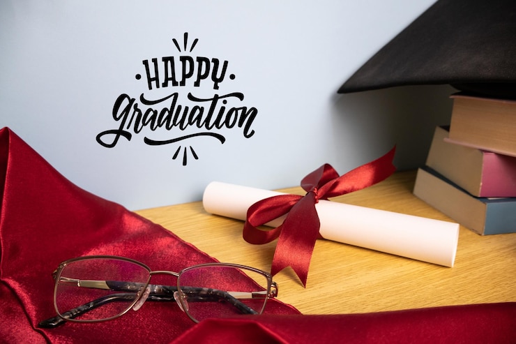 Foto un felice passato di laurea con un cappello accademico, un diploma rubato e una pila di libri.