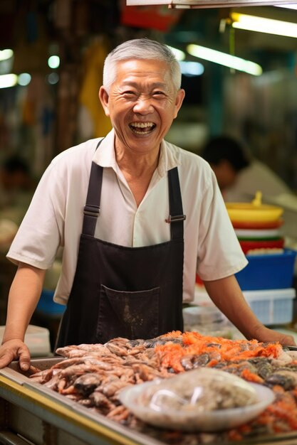 Un felice pescivendolo asiatico che espone frutti di mare al mercato locale