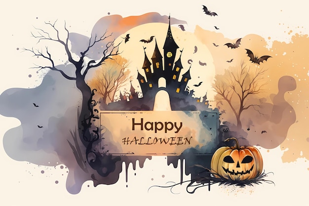 Un felice poster di Halloween con un castello e un cartello che dice Happy Halloween.