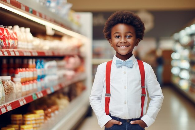 un felice ragazzo afro-americano venditore consulente sullo sfondo degli scaffali con prodotti nel negozio