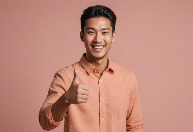 Un felice uomo asiatico con una camicia color salmone dà un pollice in alto con un ampio sorriso il caldo rosa