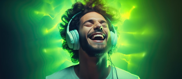 Un felice uomo in stile DJ con gli occhi chiusi che balla e canta mentre indossa le cuffie su uno sfondo verde con luce al neon